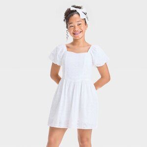 NEW Girls' Puff Sleeve Fit & Flare A-Line Dress - art class™ Off-White S: